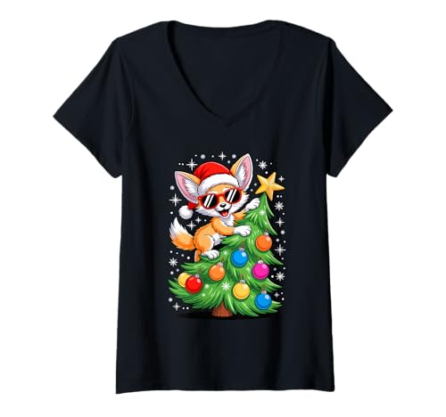 Damen Weihnachtsbaum Fennek Sonnenbrille T-Shirt mit V-Ausschnitt Damen Weihnachtsbaum Fennek Sonnenbrille T-Shirt mit V-Ausschnitt von Fox Lover Gifts