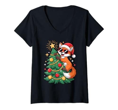 Damen Weihnachtsbaum Fuchs Sonnenbrille Füchse T-Shirt mit V-Ausschnitt Damen Weihnachtsbaum Fuchs Sonnenbrille Füchse T-Shirt mit V-Ausschnitt von Fox Lover Gifts