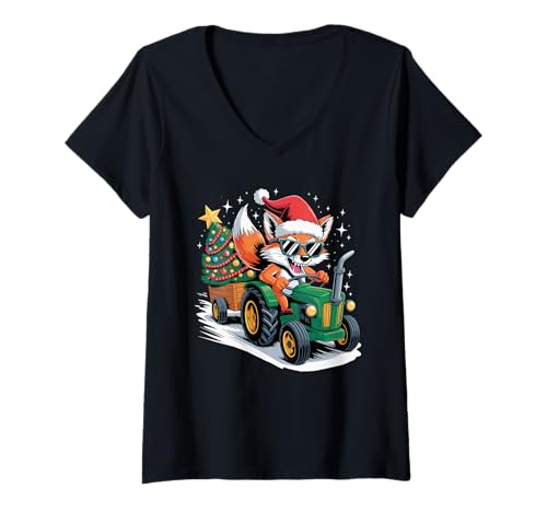 Damen Weihnachtsbaum Traktor Fuchs Sonnenbrille Füchse T-Shirt mit V-Ausschnitt Damen Weihnachtsbaum Traktor Fuchs Sonnenbrille Füchse T-Shirt mit V-Ausschnitt von Fox Lover Gifts