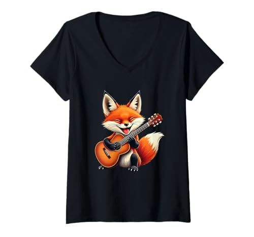 Damen Lustiger Fuchs spielt Gitarre Design für Musikliebhaber T-Shirt mit V-Ausschnitt Damen Lustiger Fuchs spielt Gitarre Design für Musikliebhaber T-Shirt mit V-Ausschnitt von Fox Lovers Designs