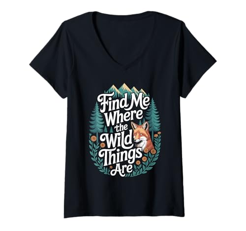 Damen Finde Mich, wo das Abenteuer beginnt Fox Forest Mountain Trip T-Shirt mit V-Ausschnitt von Fox Mountain Forest Adventure Explorer Nature Wear