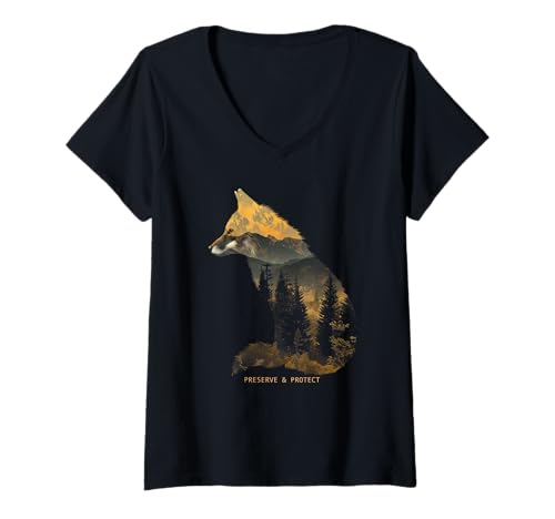 Damen Fuchs Protect Preserve Wandern Camping Jäger Outdoor Natur T-Shirt mit V-Ausschnitt von Fox Protect & Preserve - Hiking & Camping Co.
