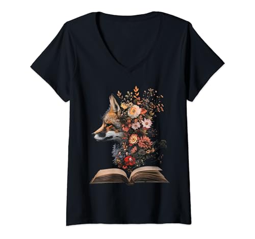 Damen Fuchs Buch Blume T-Shirt mit V-Ausschnitt Damen Fuchs Buch Blume T-Shirt mit V-Ausschnitt von Fox Reading Design
