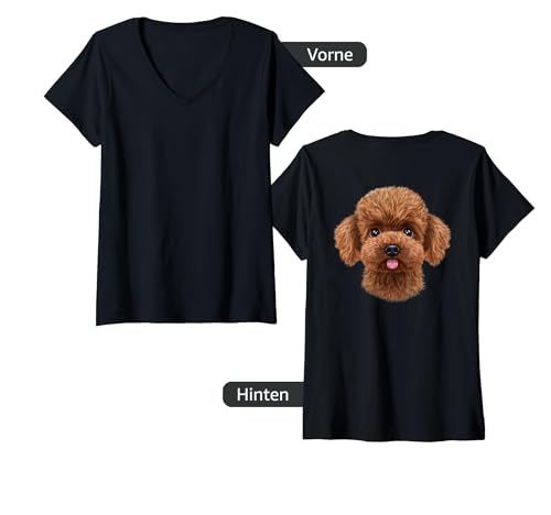 Damen Aprikosen-Zwergpudel-Hundegesicht T-Shirt mit V-Ausschnitt von Fox Republic Design