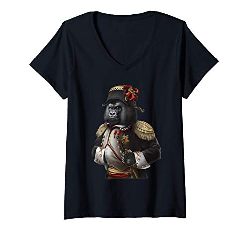 Damen Gorilla als Kaiser Napoleon Bonaparte aus Frankreich T-Shirt mit V-Ausschnitt von Fox Republic Design