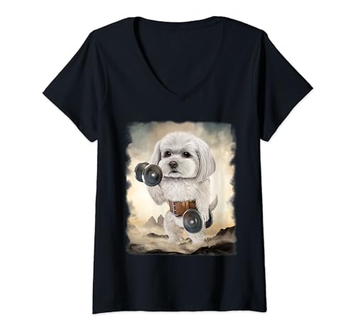 Damen Malteser Hund Muskeltraining Gewichtheben mit Hantel T-Shirt mit V-Ausschnitt von Fox Republic Design