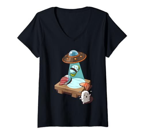 Damen Sushi wird von einem außerirdischen UFO entführt T-Shirt mit V-Ausschnitt von Fox Republic Design