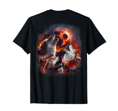 Fox Republic Design - Herren T-Shirt: Wolf heult im brennenden Wald unter dem Asteroideneinschlag Mond - Schwarz, Kurzarm, S von Fox Republic Design
