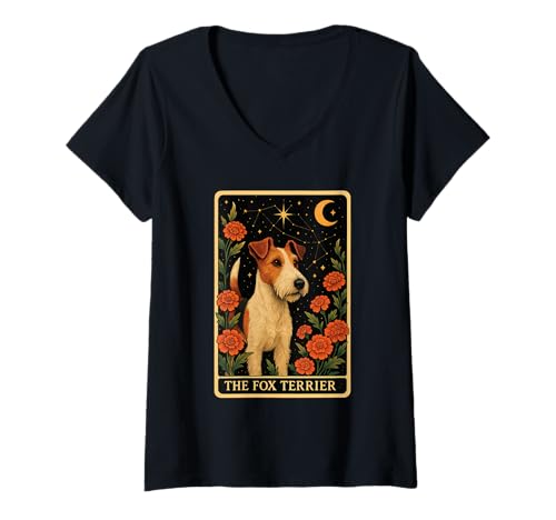 Damen Foxterrier-Tarot T-Shirt mit V-Ausschnitt Damen Foxterrier-Tarot T-Shirt mit V-Ausschnitt von Fox Terrier Dog