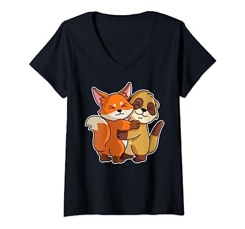 Damen Erdmännchen und Fuchs niedliche Tiere für Frauen Tierumarmung T-Shirt mit V-Ausschnitt Damen Erdmännchen und Fuchs niedliche Tiere für Frauen Tierumarmung T-Shirt mit V-Ausschnitt von Fox and Meerkat Hug Animal Girls Women Kids