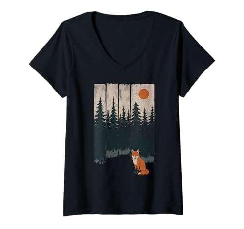 Damen Fuchs und Kiefer Sonnenuntergang Mystischer Wald T-Shirt mit V-Ausschnitt Damen Fuchs und Kiefer Sonnenuntergang Mystischer Wald T-Shirt mit V-Ausschnitt von Fox and Pine Tree Sunset