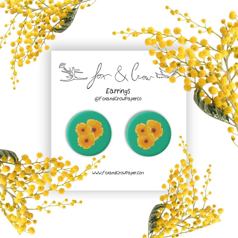 Gelbe Mohn Ohrringe 22 cm Blumen Ohrstecker Blumenschmuck Frühlingsgeschenk Gelbe Schöne von FoxAndCrowCo