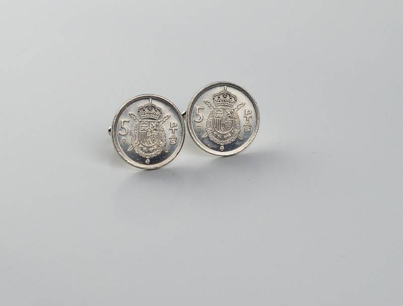 Münz-Manschettenknöpfe - Spanien, 5 Peseten 1975 Münz-Manschettenknopf, 5-Jähriges Jubiläum, 10-Jähriges Geschenk Aus Up-Cycled Münze Geschenkidee von FoxLinkDesign