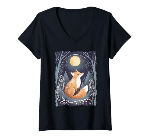 Damen Mystischer Fuchs unter Vollmond im Wald skurrile Nacht T-Shirt mit V-Ausschnitt von FoxNight