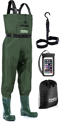 Foxelli 2-lagige wasserdichte Brust-Wathose aus Nylon und PVC, für die Jagd, Angeln, für Herren und Damen, mit Stiefeln, grün, 10 Foxelli 2-lagige wasserdichte Brust-Wathose aus Nylon und PVC, für die Jagd, Angeln, für Herren und Damen, mit Stiefeln, grün, 10 von Foxelli