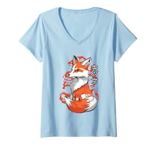Damen Kitsune Fox – Japanisches Kanji-Geist-Tier-Anime-Manga T-Shirt mit V-Ausschnitt Damen Kitsune Fox – Japanisches Kanji-Geist-Tier-Anime-Manga T-Shirt mit V-Ausschnitt von Foxes Japan