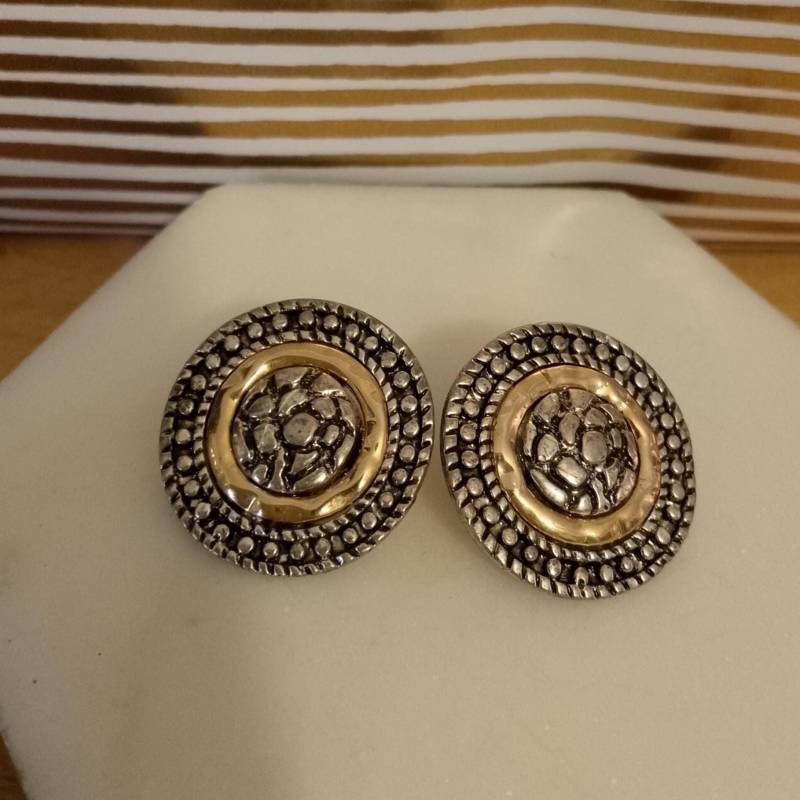 Runde Ohrstecker, Mixed-Metall, Texturiert, Gold - Und Silberfarben, 80Er Jahre von Foxesncats