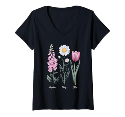 Damen Vintage-Pflanze, Fingerhut, Gänseblümchen, Tulpenblüte, Mädchen, Mama T-Shirt mit V-Ausschnitt Damen Vintage-Pflanze, Fingerhut, Gänseblümchen, Tulpenblüte, Mädchen, Mama T-Shirt mit V-Ausschnitt von Foxglove Daisy Tulip Flower Apparel