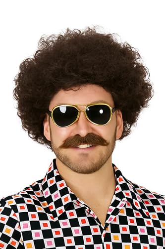 70er Jahre Perücke und Bart Set für Herren – Lockige Afro Perücke mit Schnurrbart – Disco Kostümzubehör für Mottoparty, Karneval & Fasching – Retro Look zum Stylen von Foxxeo