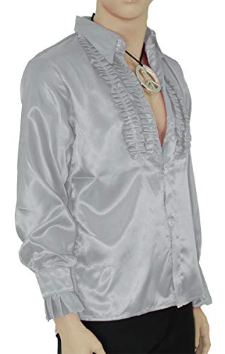 Foxxeo Silbernes Rüschenhemd für Herren 70er Jahre Disco Hemd Fasching Karneval Motto-Party Silber, Größe XL von Foxxeo