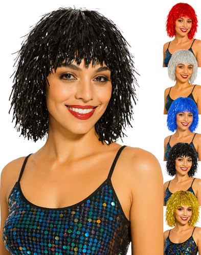 Lametta Perücke rot blau schwarz gold silber lila Damen Karneval Fasching Party Farbe Schwarz von Foxxeo