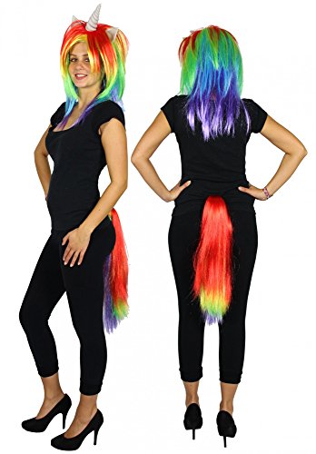Regenbogen Einhorn Perücke und Schwanz Kostüm Set für Damen - Unicorn Perücken lockig Trend Tierperücke bunt Märchen langhaar mit Horn und Ohren Einhornperücke von Foxxeo