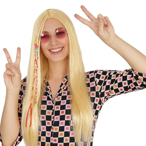 Blonde Hippie Perücke für Damen – Langhaar mit Zöpfen & bunten Perlen – 70er Jahre Look für Fasching, Karneval & Mottoparty von Foxxeo