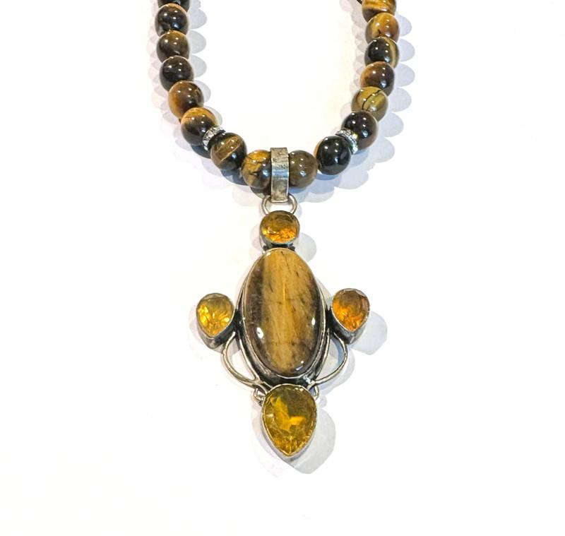 Geschnitzte Tigerauge Und Citrin Sterling Silber Perlen Anhänger Halskette von FoxyBeading