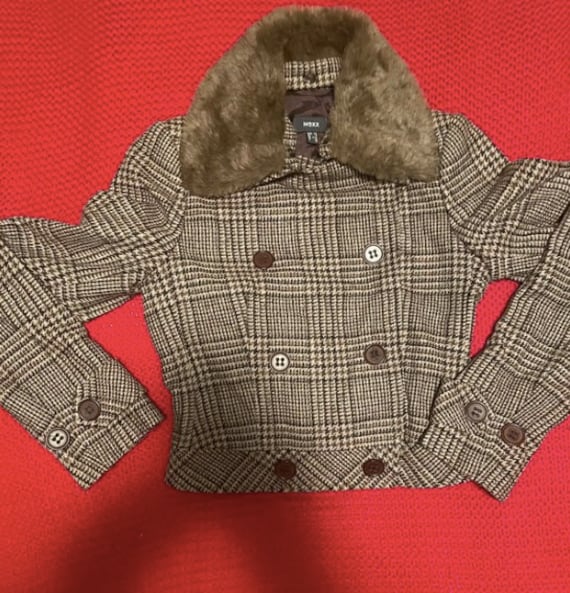 Y2K Vintage Mexx Crop Wool Jacke/Karo Wolle Hundezahn Mantel Mit Kunstfell Kragen Größe Xs Veganer Fellkragen Coat von FoxyForestVintage