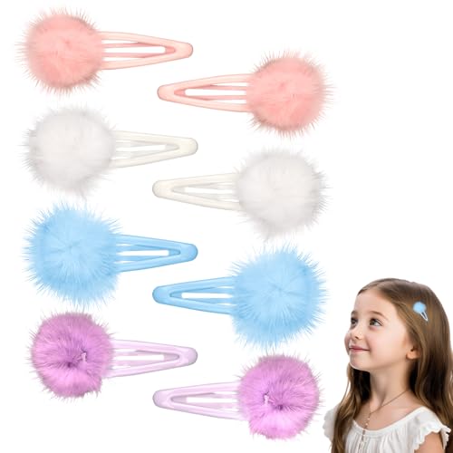 8 Stück Kleine Haarspangen Mädchen,Bunte Haarklammern Pompons,Pelzige Haarclips für Frauen und Mädchen,Haarspangen mädchen mit Pom-Poms,Lustige Haarspange(Rosa,Blau,Lila,Weiß) von Foyods