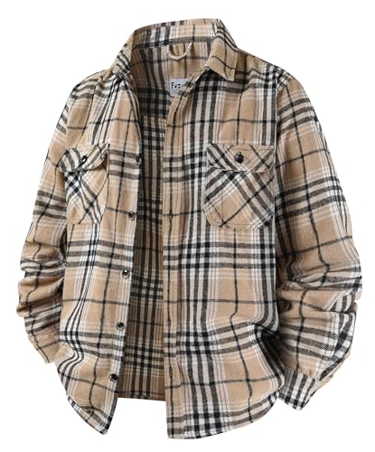 Fozexi Herren Flanellhemden Button Down Plaid Hemdjacke für Männer Flanellhemdjacke mit Taschen, Khaki, L von Fozexi
