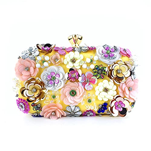 Fpbiagoq Damen-Handtasche für Abendessen, Abendessen, Abendessen, mit Perlen, Blumenmuster, Bankett, Geldbörse, Kuriertasche, Hochzeit, Party, Abschlussball, Crossbody-Tasche mit Perlen, gelb, One von Fpbiagoq