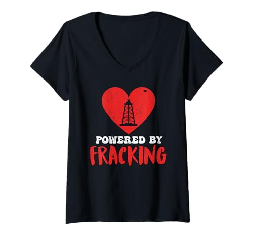 Damen Fracking POWERED BY FRACKING LUSTIG Fracking T-Shirt mit V-Ausschnitt von Fracking Shirt Aktivist Erdöl Förderung Erdgas