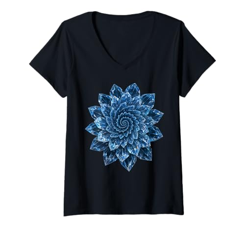 Damen Eisblaue Kristallblume, spiralförmig, fraktale Blüte, Kunstdesign T-Shirt mit V-Ausschnitt Damen Eisblaue Kristallblume, spiralförmig, fraktale Blüte, Kunstdesign T-Shirt mit V-Ausschnitt von Fractal Flora