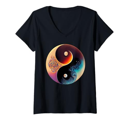 Damen Fractal Yin und Yan Chinesische Philosophische Kosmologie T-Shirt mit V-Ausschnitt von Fractal Yin Yan Philosophical Cosmology