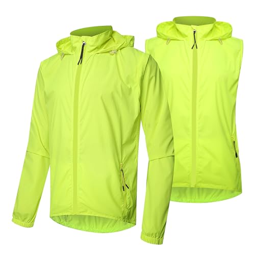 Fractilian Radjacke Herren Sommer Wasserdicht Atmungsaktiv mit Kapuze, 2 In 1 Winddicht Fahrradjacke Langarm UV-Schutz Fahrradweste Reflektierend Regenjacke Laufjacke(Size:L,Color:Grün) von Fractilian