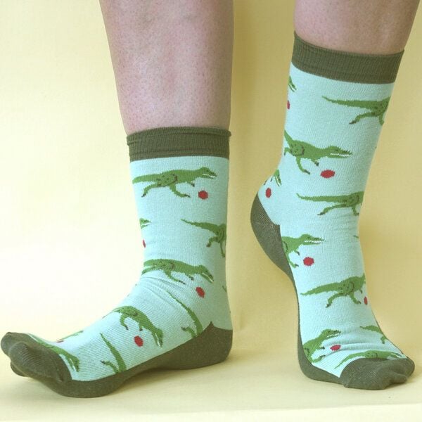 Fräulein Prusselise Dino Socke grün bunt gemustert von Fräulein Prusselise