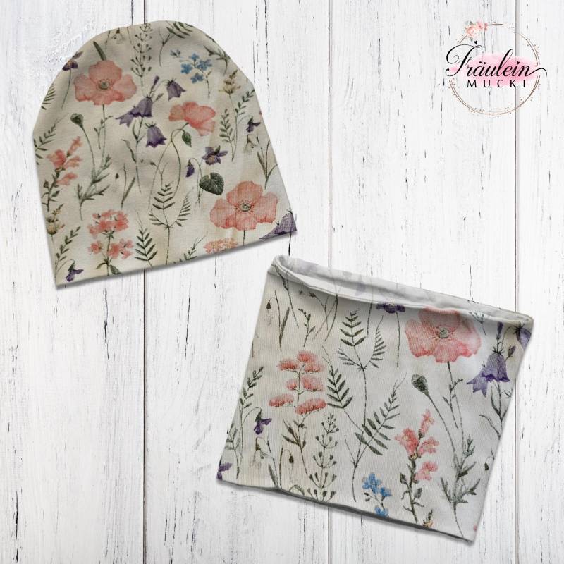 Beanie Mütze Loop Set Baby Kind Blumenwiese Weiss Jersey von FraeuleinMucki