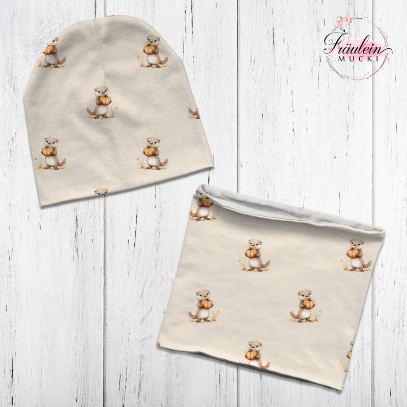 Beanie Mütze Loop Set Baby Kind Otter Herbst Kürbis Beige von FraeuleinMucki