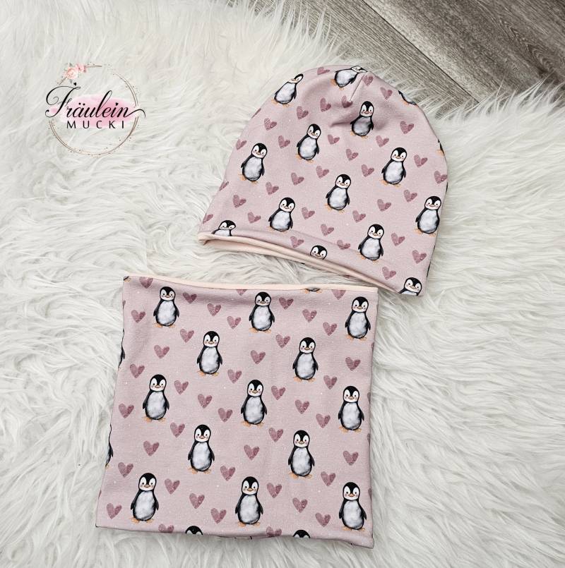 Mütze Mit Loop Kinder Jersey Pinguin Rosa von FraeuleinMucki