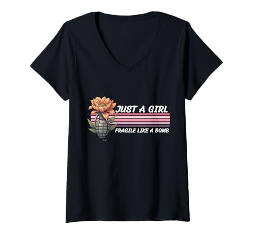 Damen Nur EIN Mädchen, Nicht zerbrechlich wie eine Blume, zerbrechlich wie eine Bombe T-Shirt mit V-Ausschnitt von Fragilie Like Just A Girl