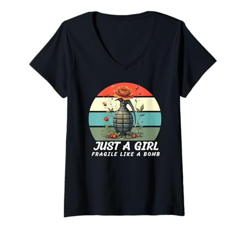 Damen Nur EIN Mädchen, Nicht zerbrechlich wie eine Blume, zerbrechlich wie eine Bombe T-Shirt mit V-Ausschnitt von Fragilie Like Just A Girl
