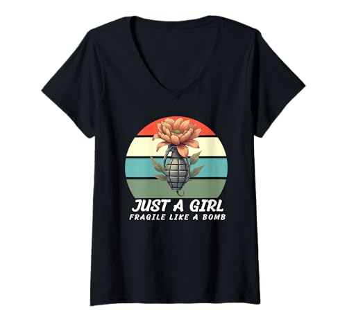 Damen Nur EIN Mädchen, Nicht zerbrechlich wie eine Blume, zerbrechlich wie eine Bombe T-Shirt mit V-Ausschnitt von Fragilie Like Just A Girl