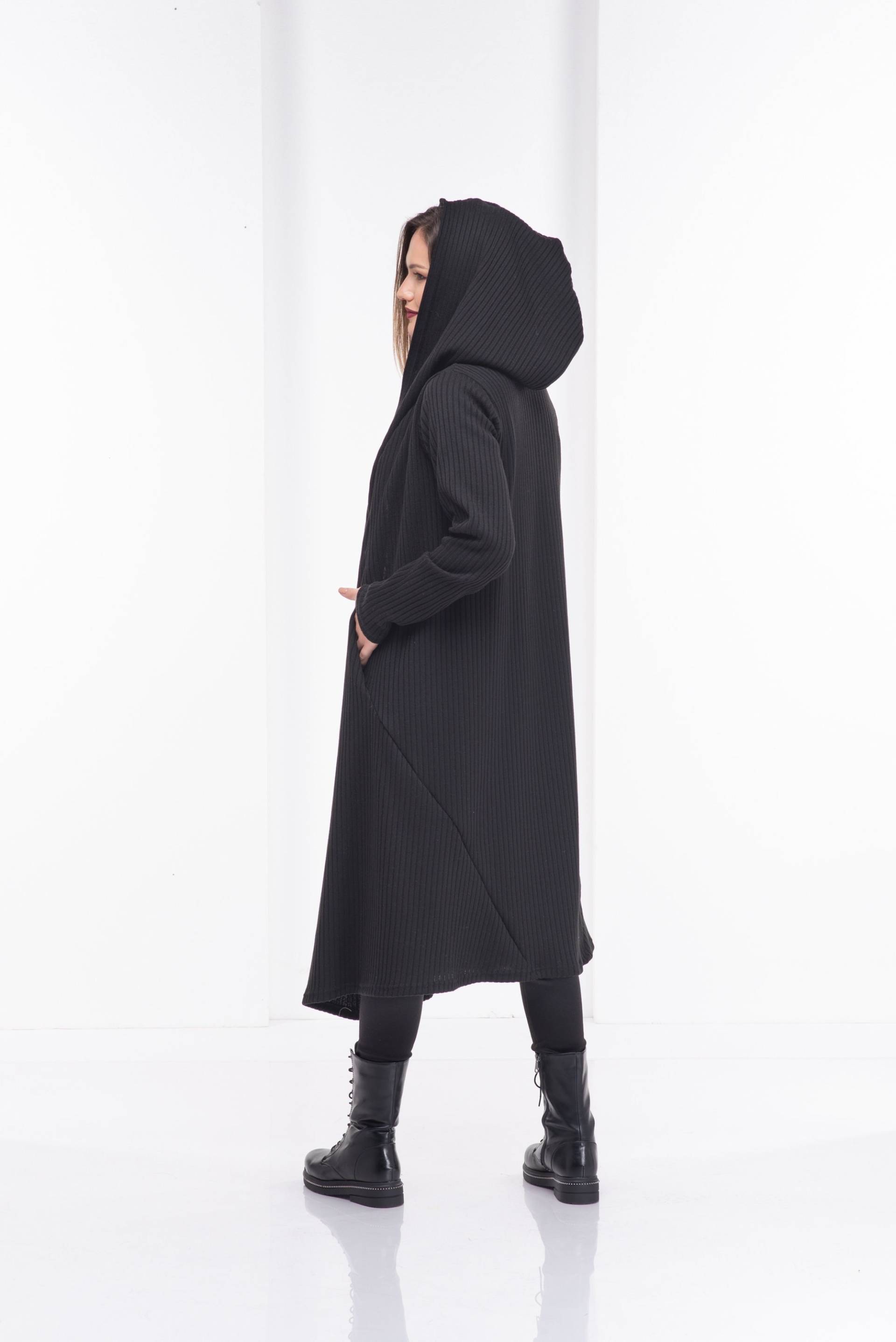 Langer Kapuzenmantel Aus Wolle, Chunky Maxi Cardigan, Winter Cape, Schwarzer Gothic Hoodie von Fraktura