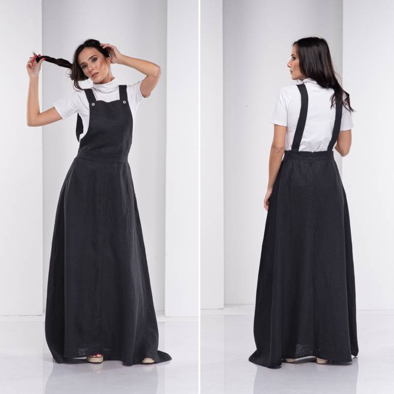 Schwarzes Leinenkleid, Trägerkleid, Schürzenkleid, Maxikleid, Leinenkleidung, Gothic Kleid, Sommerkleid, Lockeres Kleid von Fraktura