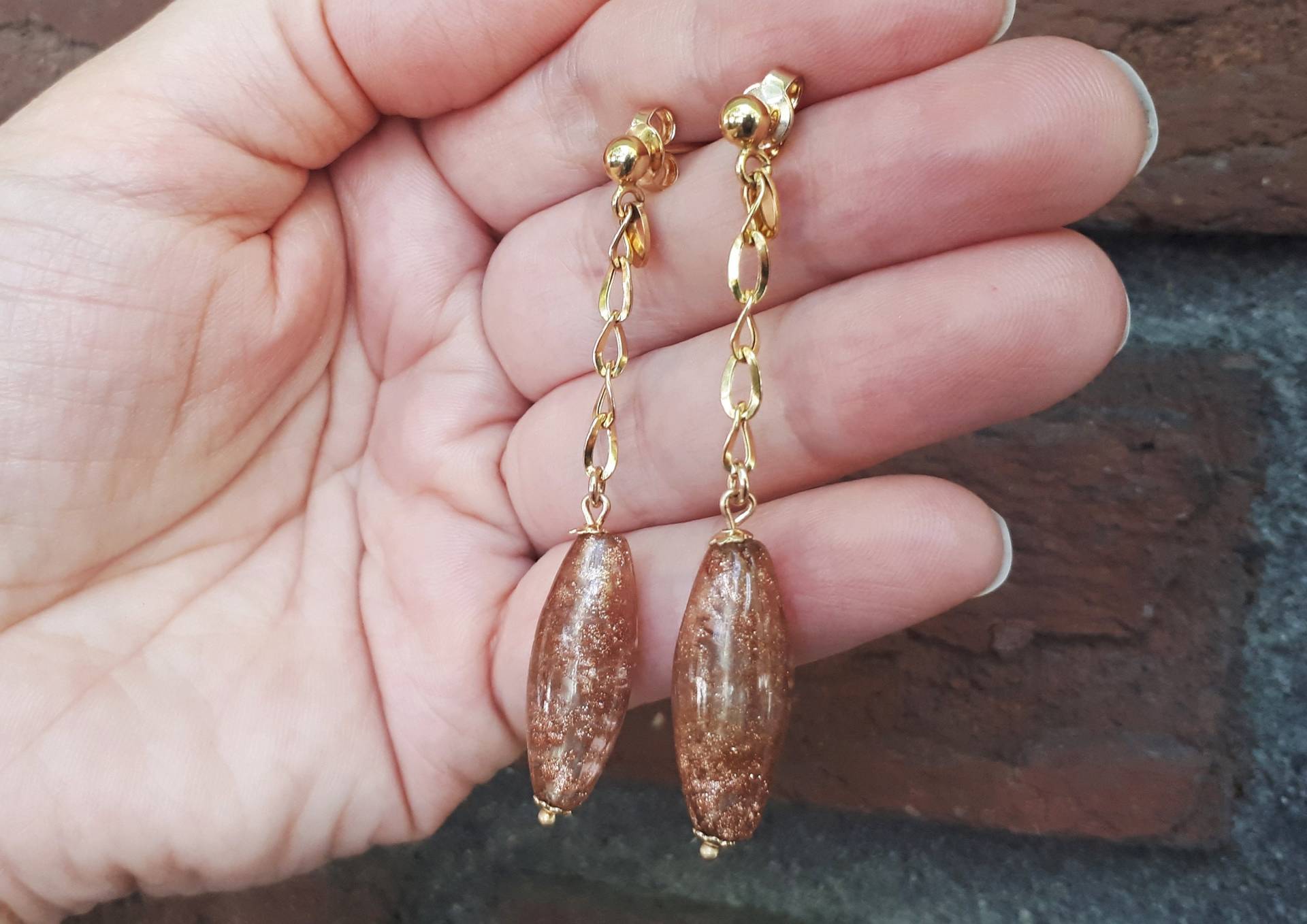 Seltene Vintage 14K Gelbgold Sonnenstein Cabochons Baumeln Ohrringe Italien von FralaVintage