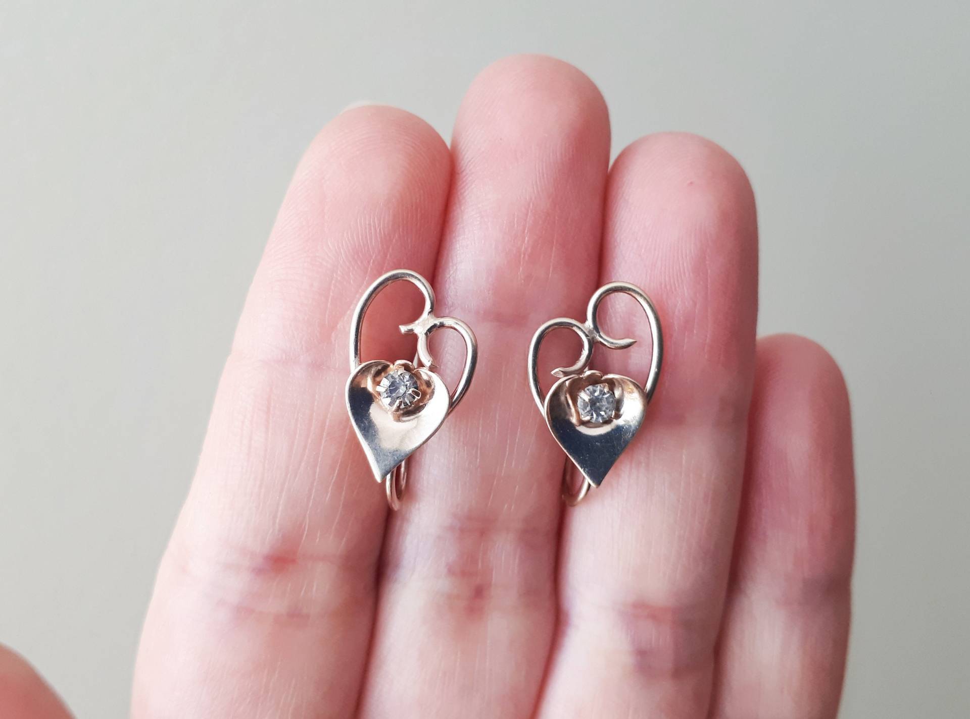 Vintage 10K Rose Gold Herz Klar Cz Ohrringe von FralaVintage