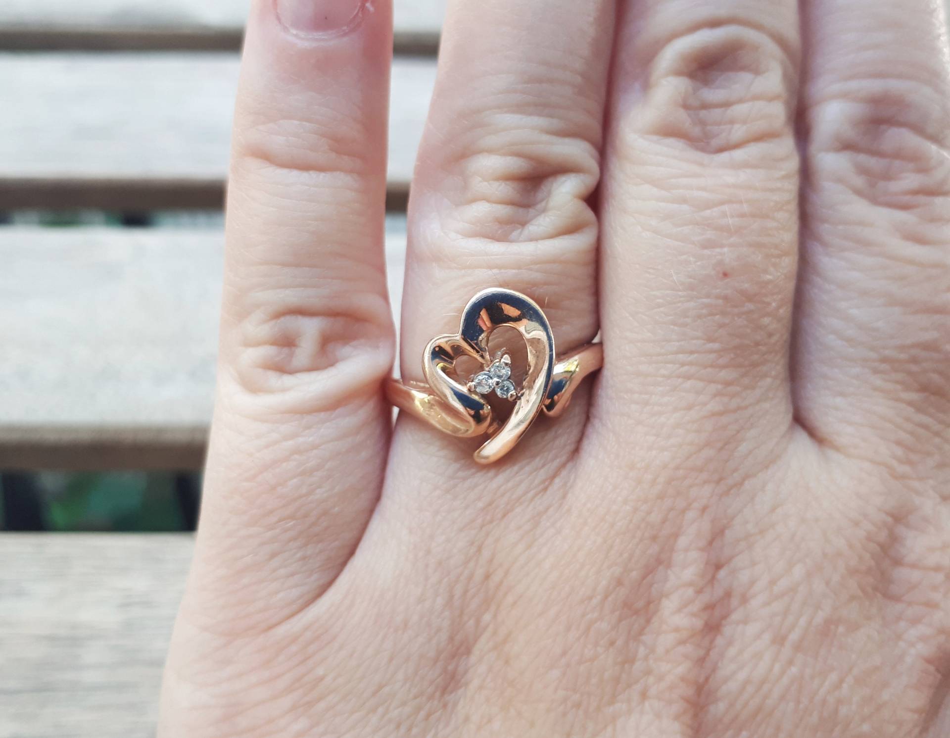 Vintage 585 14K Rose Gold Diamanten Herz Ring Größe 6 3/4 von FralaVintage