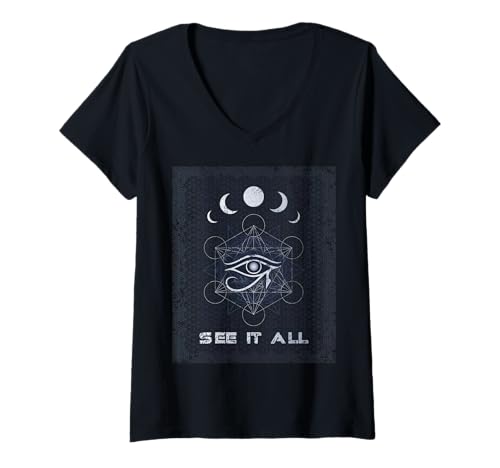 Damen Auge des Horus Heilige Geometrie Mondphasen Design T-Shirt mit V-Ausschnitt Damen Auge des Horus Heilige Geometrie Mondphasen Design T-Shirt mit V-Ausschnitt von FramePace