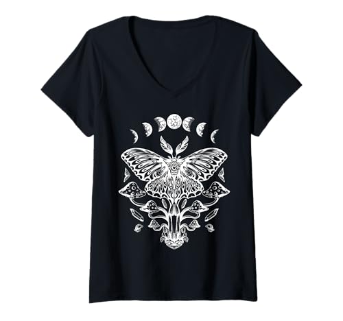 Damen Mystische Motte Mondphasen Pilze Kristalle Kunst T-Shirt mit V-Ausschnitt Damen Mystische Motte Mondphasen Pilze Kristalle Kunst T-Shirt mit V-Ausschnitt von FramePace